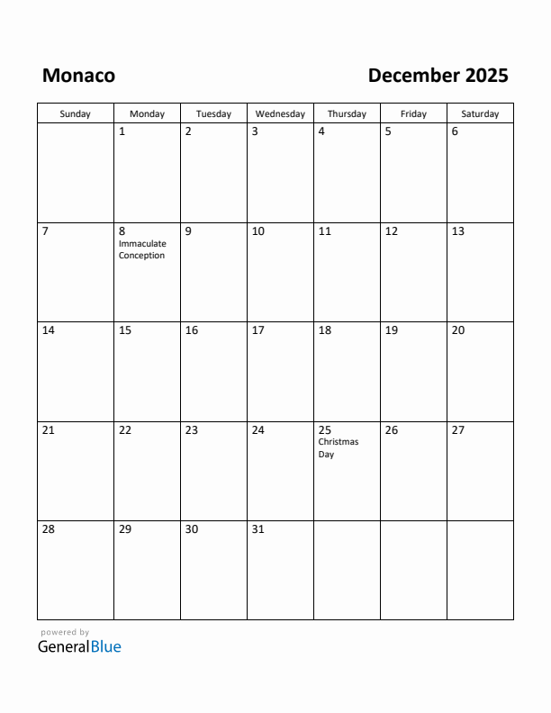 December 2025 Calendar with Monaco Holidays