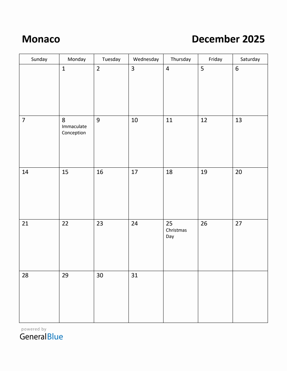 Free Printable December 2025 Calendar for Monaco