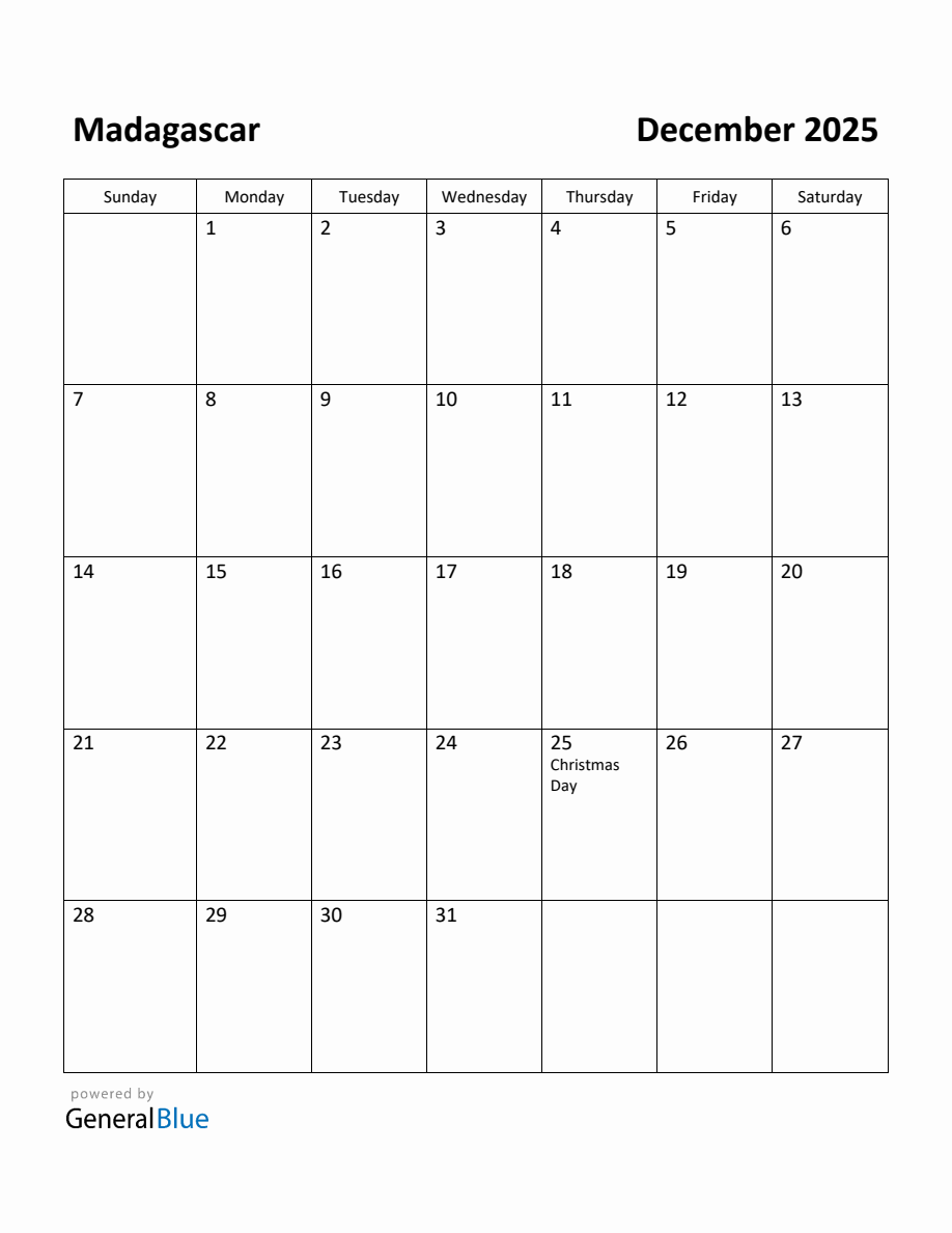 Free Printable December 2025 Calendar for Madagascar