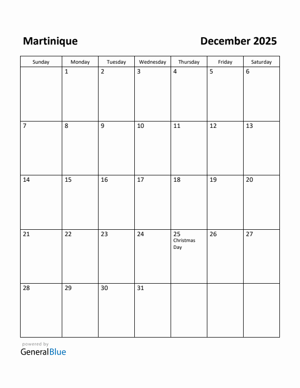 December 2025 Calendar with Martinique Holidays
