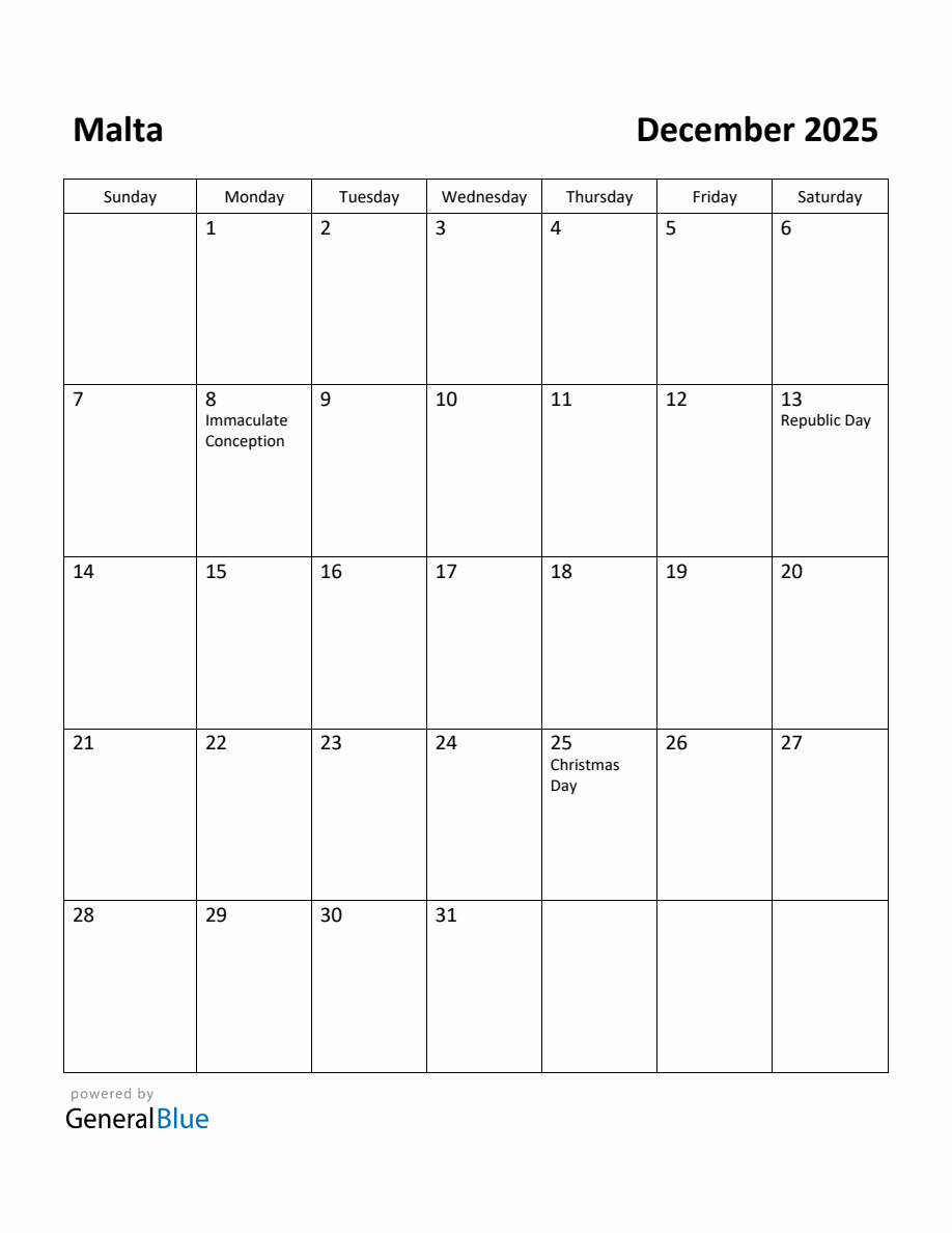 Free Printable December 2025 Calendar for Malta