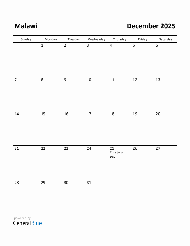 December 2025 Calendar with Malawi Holidays