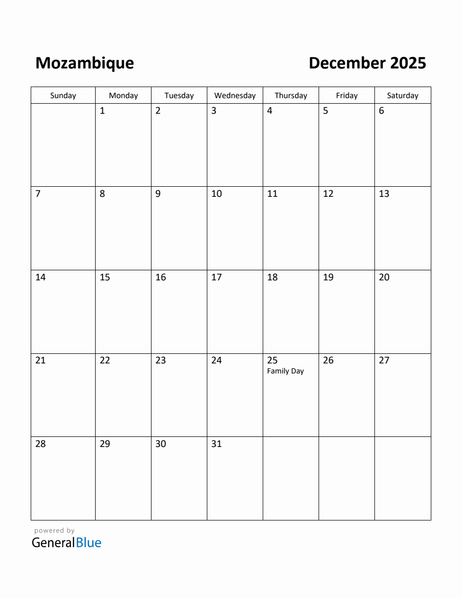 Free Printable December 2025 Calendar for Mozambique