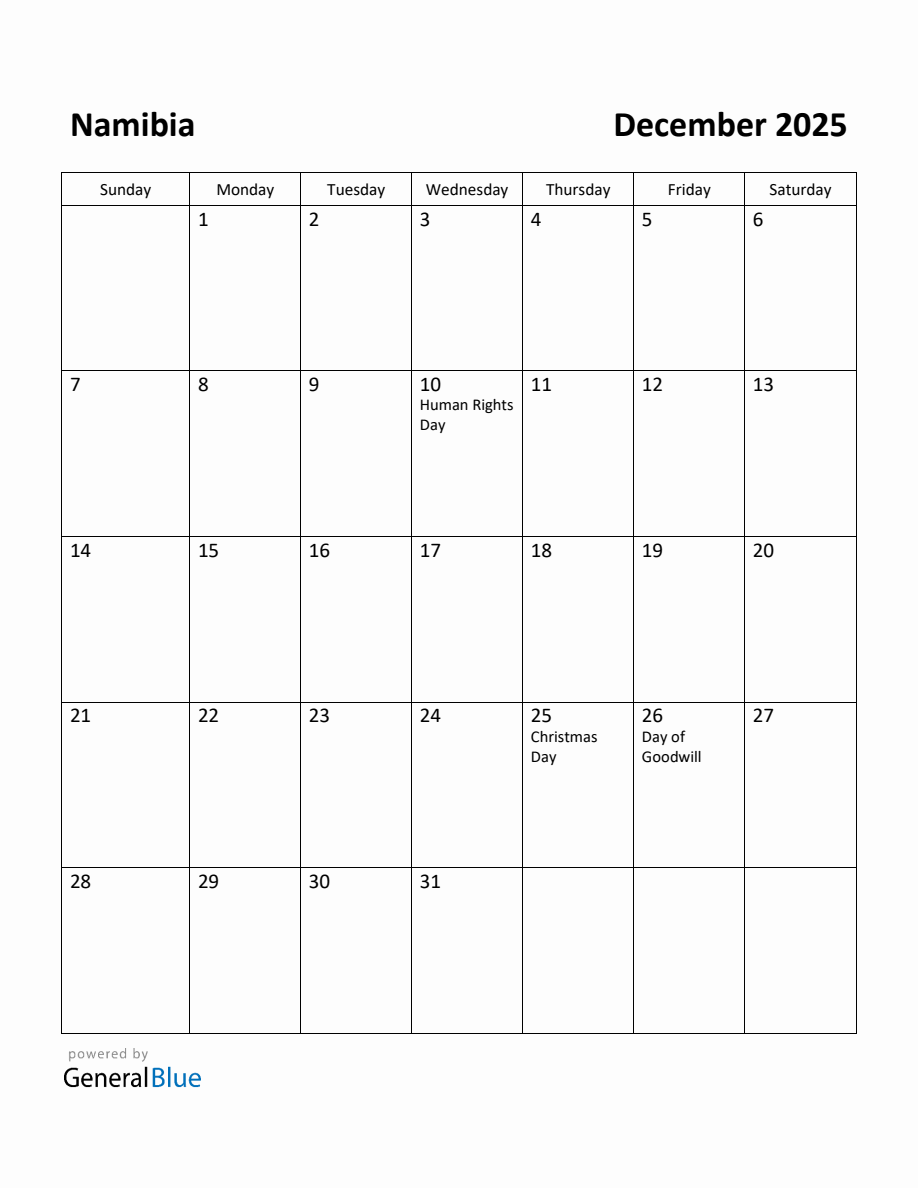 Free Printable December 2025 Calendar for Namibia