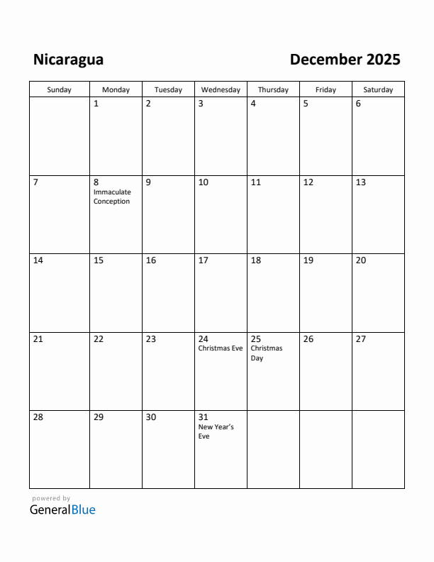 December 2025 Calendar with Nicaragua Holidays
