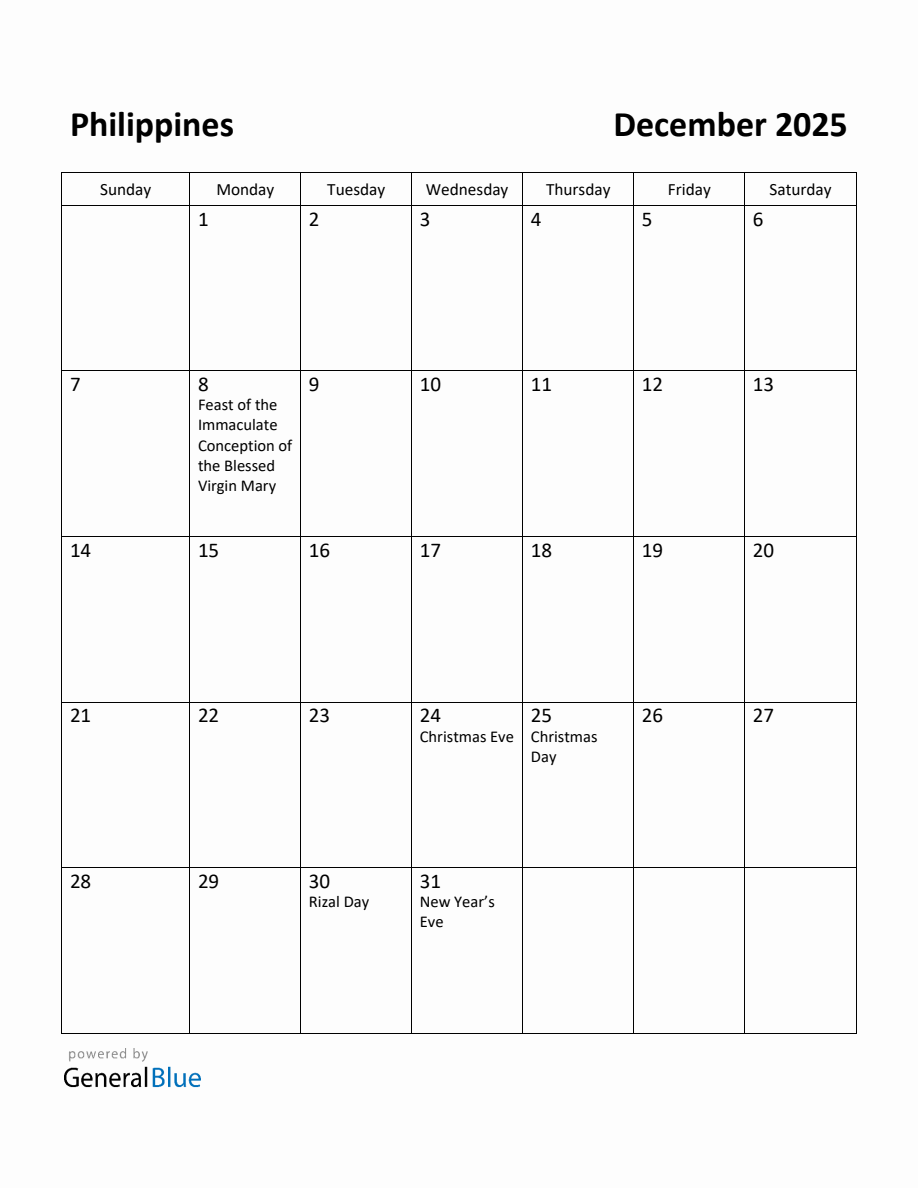 Free Printable December 2025 Calendar for Philippines