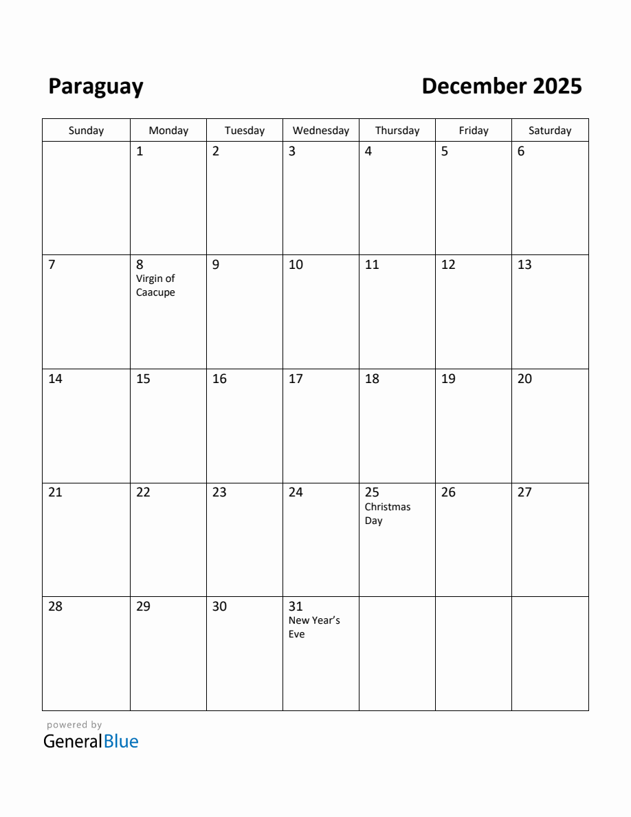 Free Printable December 2025 Calendar for Paraguay