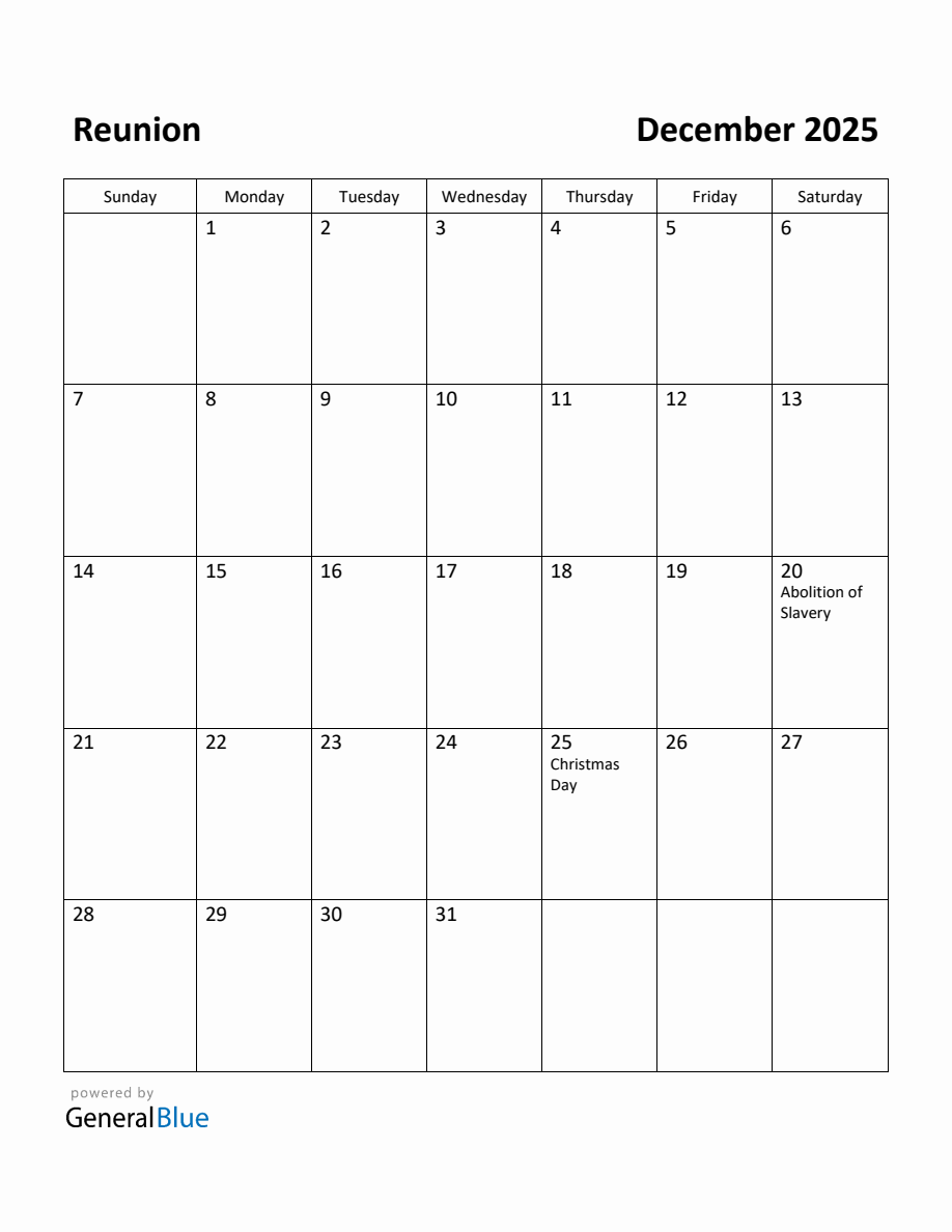 Free Printable December 2025 Calendar for Reunion