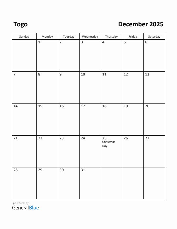 December 2025 Calendar with Togo Holidays