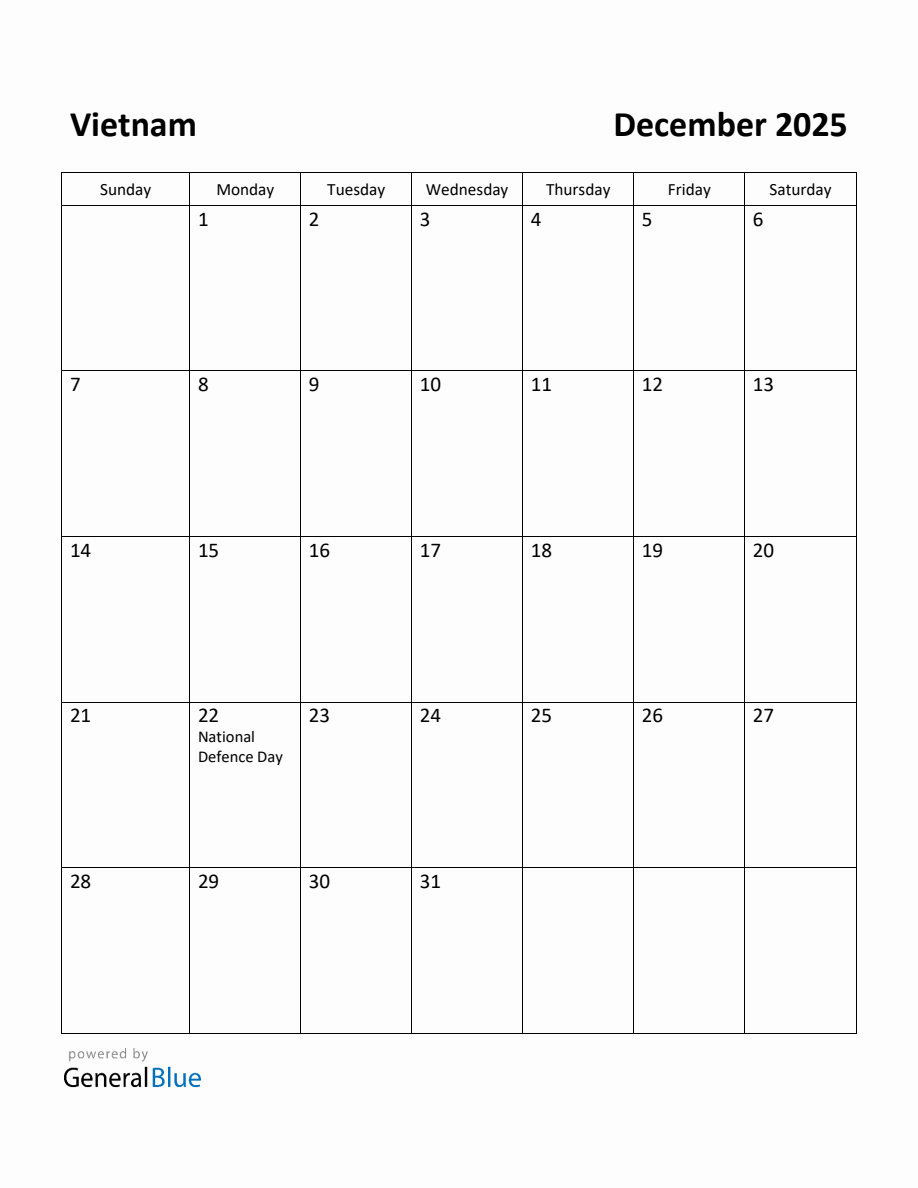 Free Printable December 2025 Calendar for Vietnam