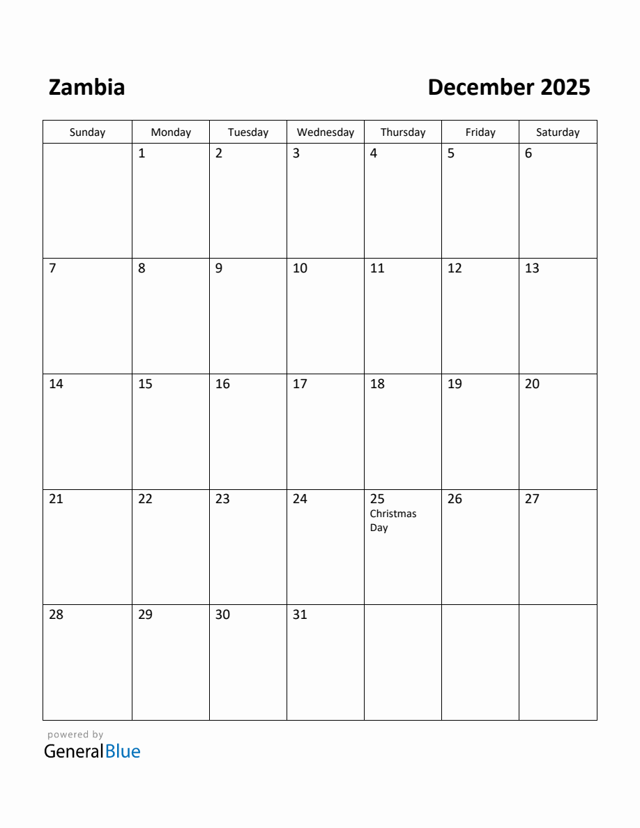 Free Printable December 2025 Calendar for Zambia