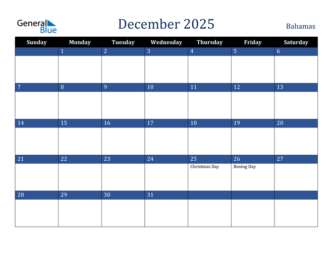 December 2025 Calendar with Bahamas Holidays