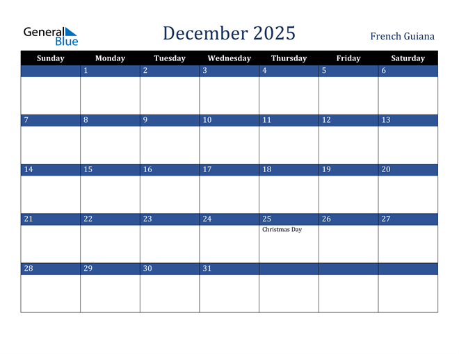 December 2025 French Guiana Calendar