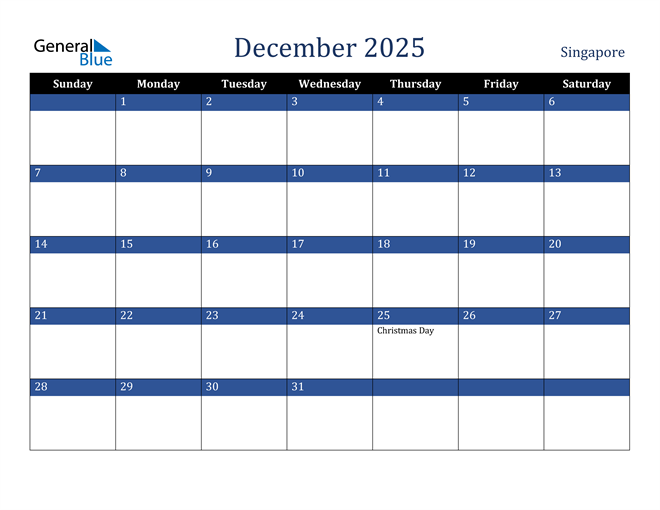 Singapore December 2025 Calendar with Holidays