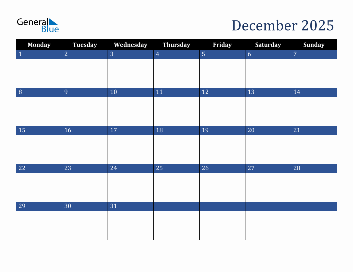 December 2025 Downloadable Monday Start Calendar