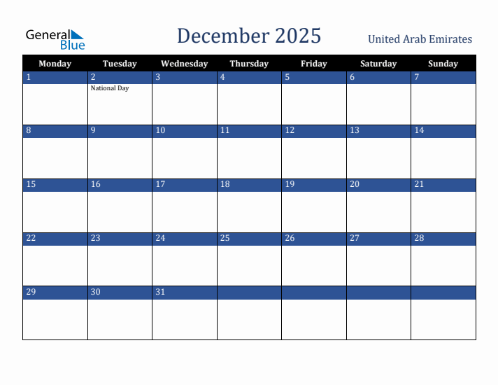 December 2025 United Arab Emirates Calendar (Monday Start)