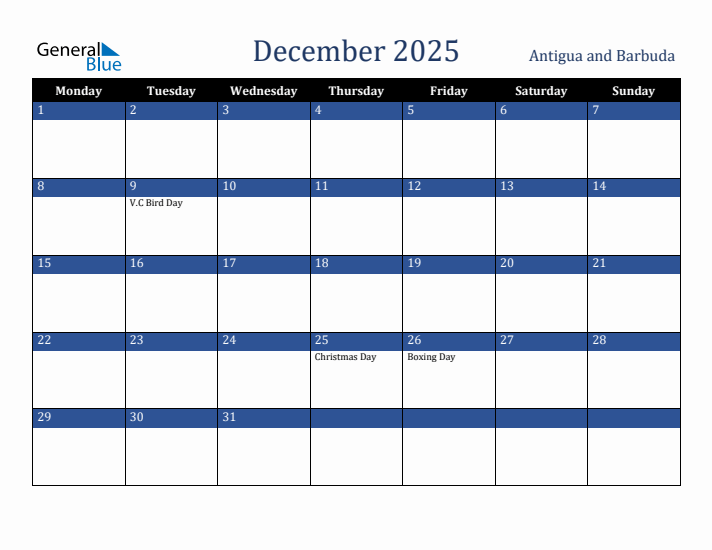 December 2025 Antigua and Barbuda Calendar (Monday Start)