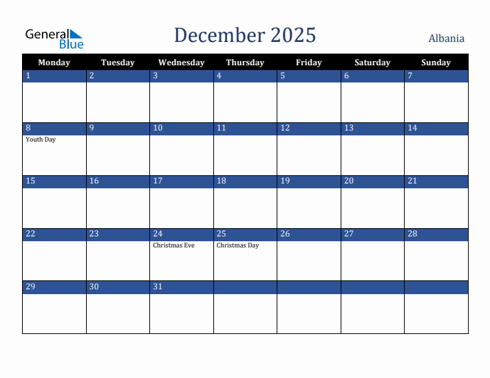 December 2025 Albania Calendar (Monday Start)