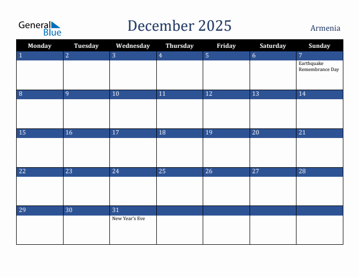 December 2025 Armenia Calendar (Monday Start)