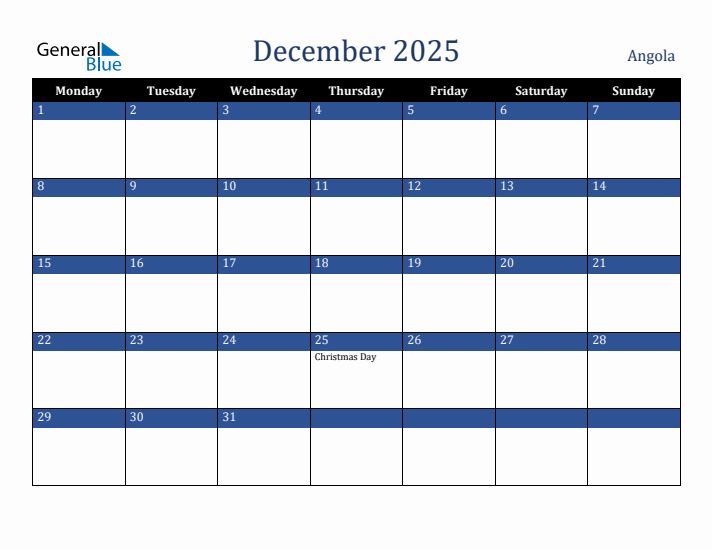 December 2025 Angola Calendar (Monday Start)