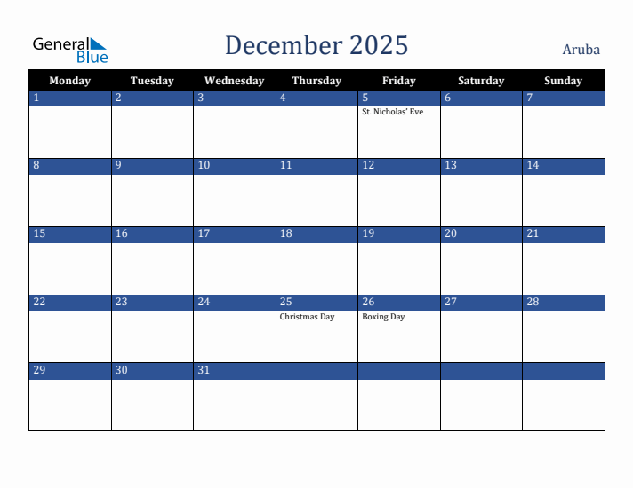 December 2025 Aruba Calendar (Monday Start)