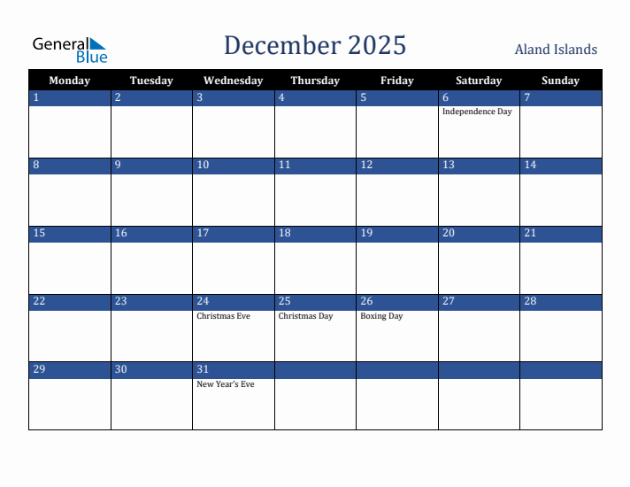 December 2025 Aland Islands Calendar (Monday Start)