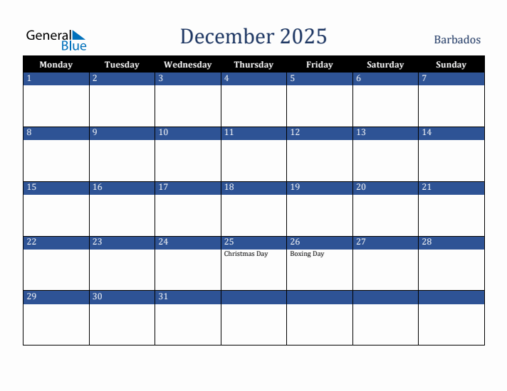 December 2025 Barbados Calendar (Monday Start)