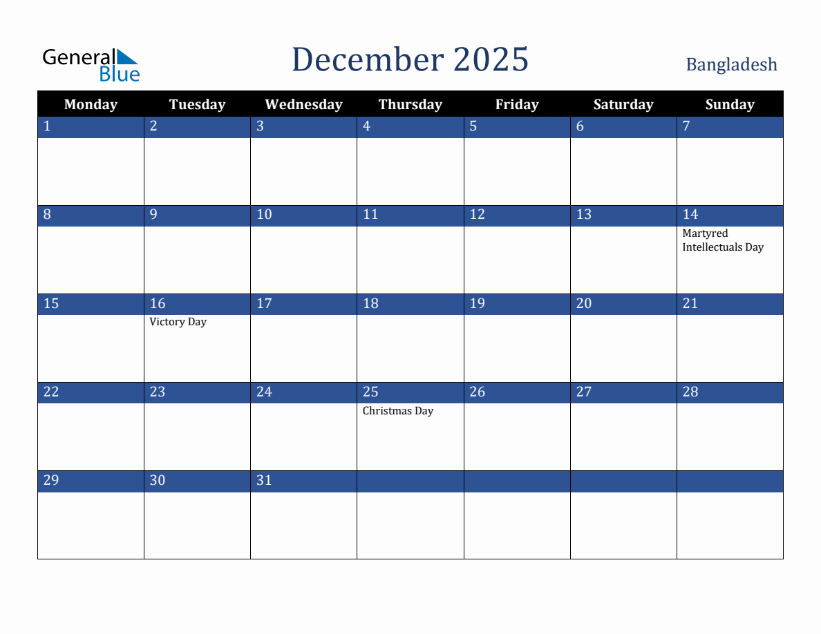 December 2025 Bangladesh Holiday Calendar