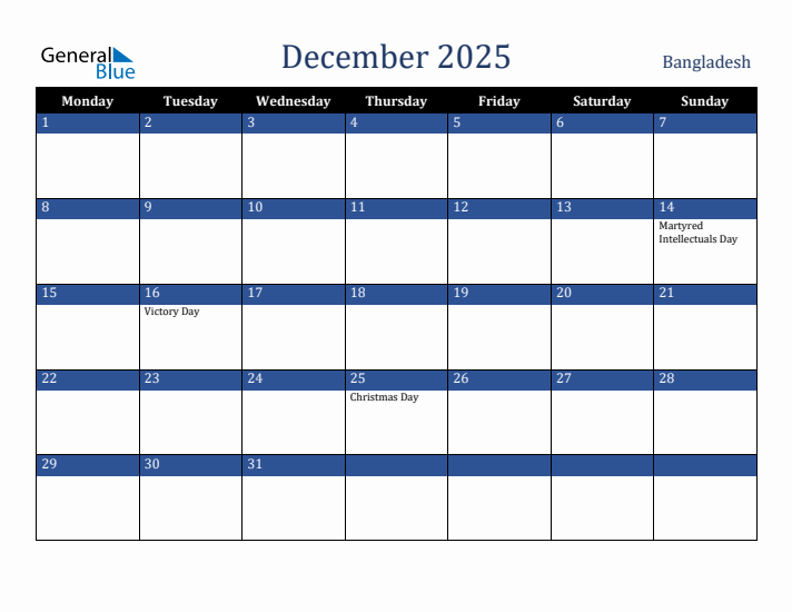 December 2025 Bangladesh Calendar (Monday Start)