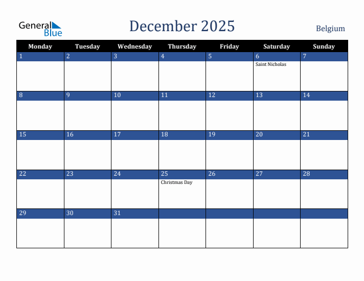 December 2025 Belgium Calendar (Monday Start)