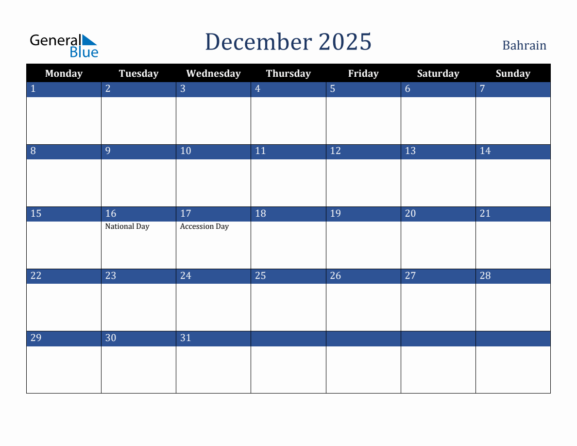 December 2025 Bahrain Holiday Calendar