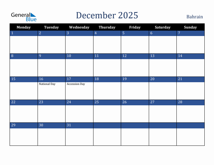 December 2025 Bahrain Calendar (Monday Start)
