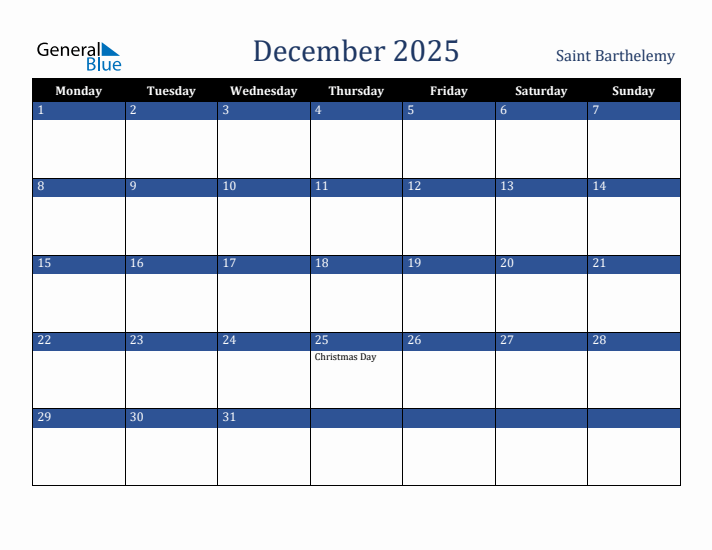 December 2025 Saint Barthelemy Calendar (Monday Start)
