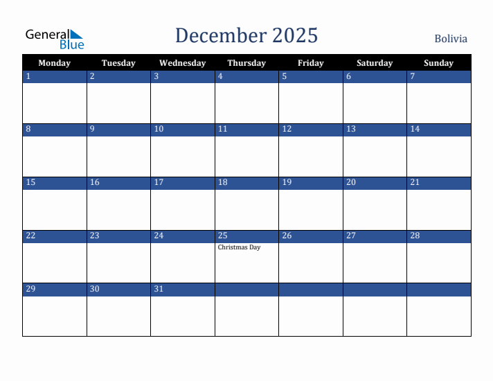 December 2025 Bolivia Calendar (Monday Start)