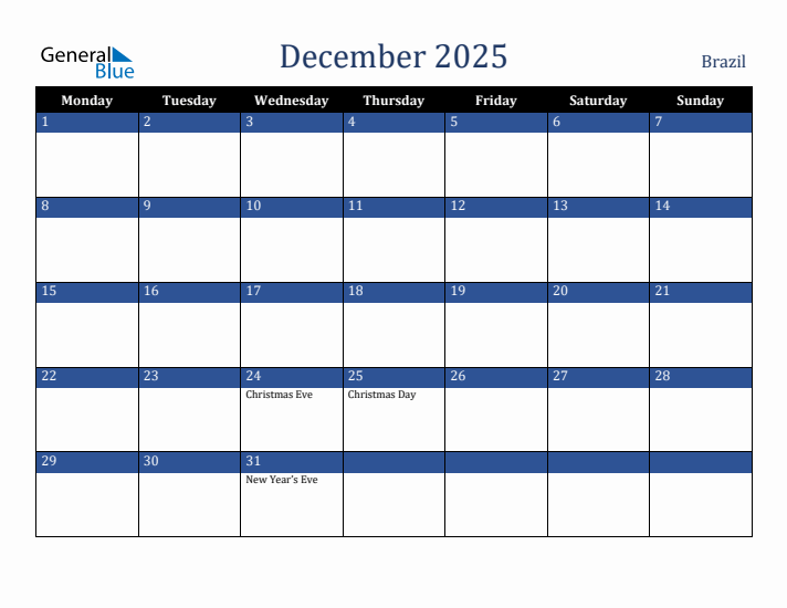 December 2025 Brazil Calendar (Monday Start)