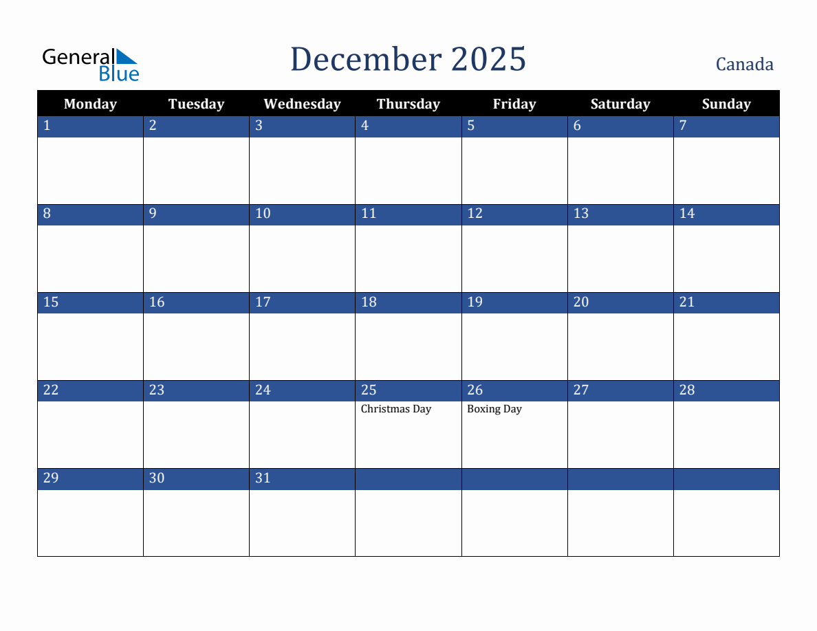 December 2025 Canada Holiday Calendar