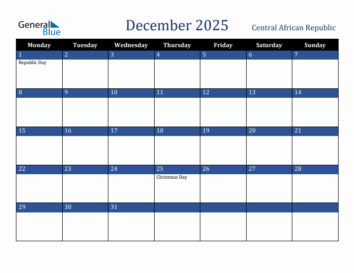 December 2025 Central African Republic Calendar (Monday Start)