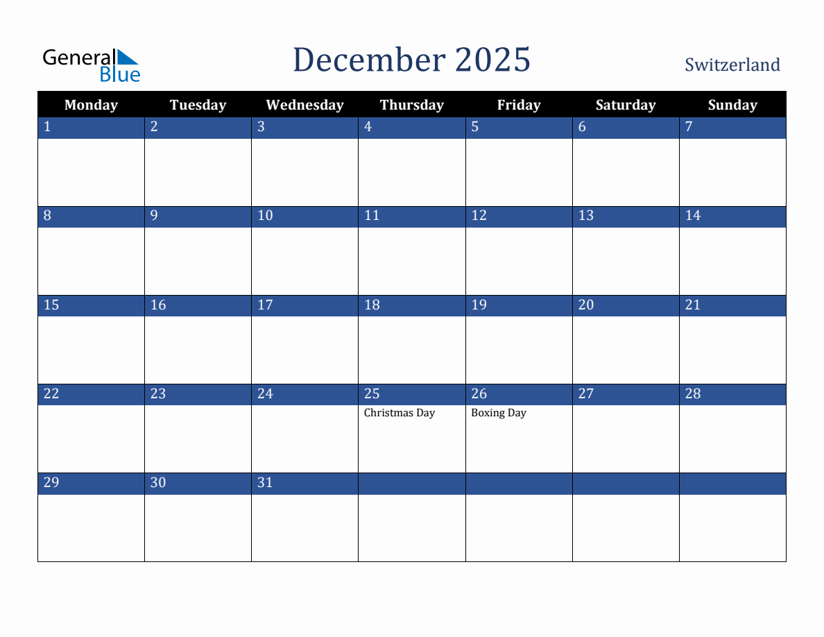 December 2025 Switzerland Holiday Calendar