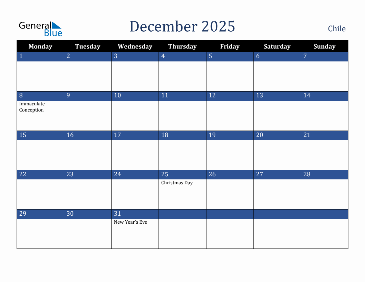 December 2025 Chile Holiday Calendar