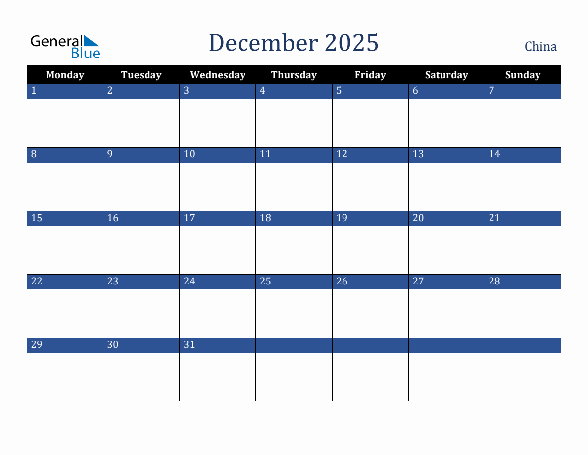 December 2025 China Holiday Calendar