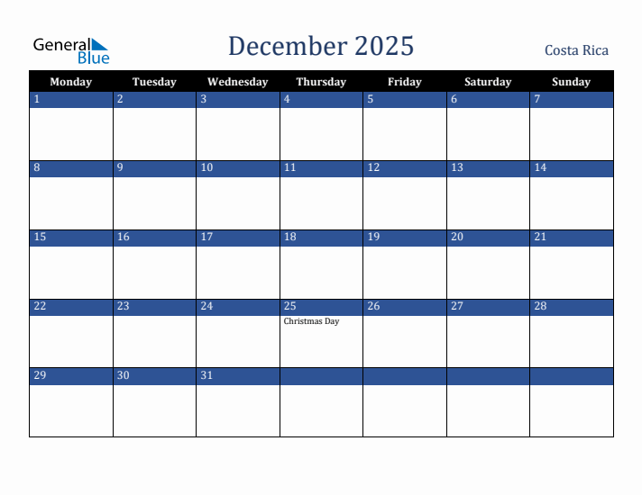 December 2025 Costa Rica Calendar (Monday Start)