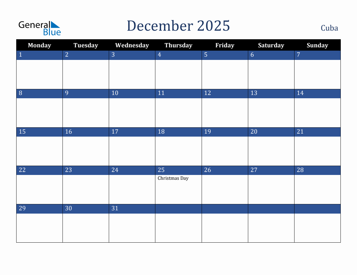 December 2025 Cuba Holiday Calendar