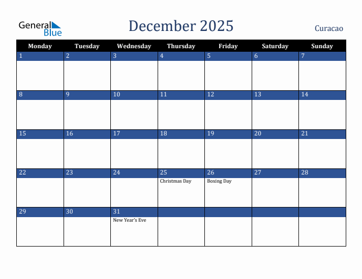 December 2025 Curacao Calendar (Monday Start)