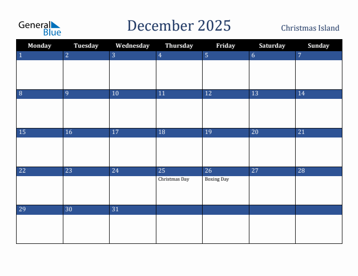 December 2025 Christmas Island Calendar (Monday Start)