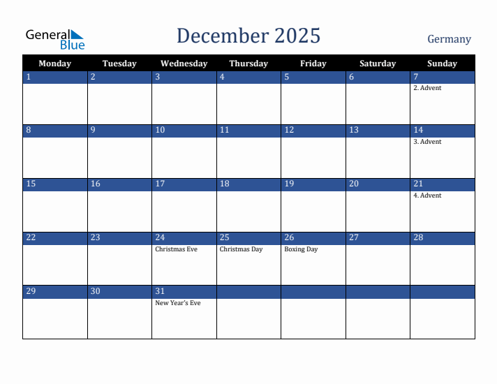 December 2025 Germany Calendar (Monday Start)