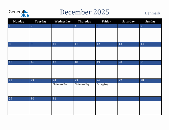 December 2025 Denmark Calendar (Monday Start)