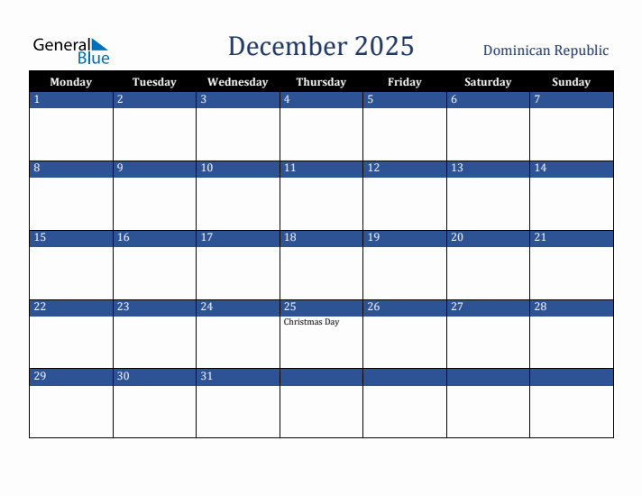 December 2025 Dominican Republic Calendar (Monday Start)