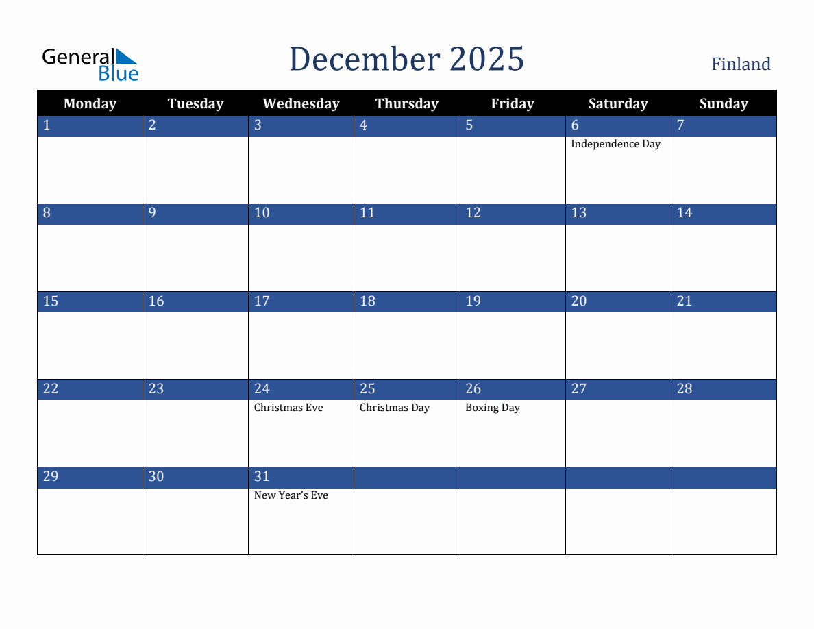 December 2025 Finland Holiday Calendar