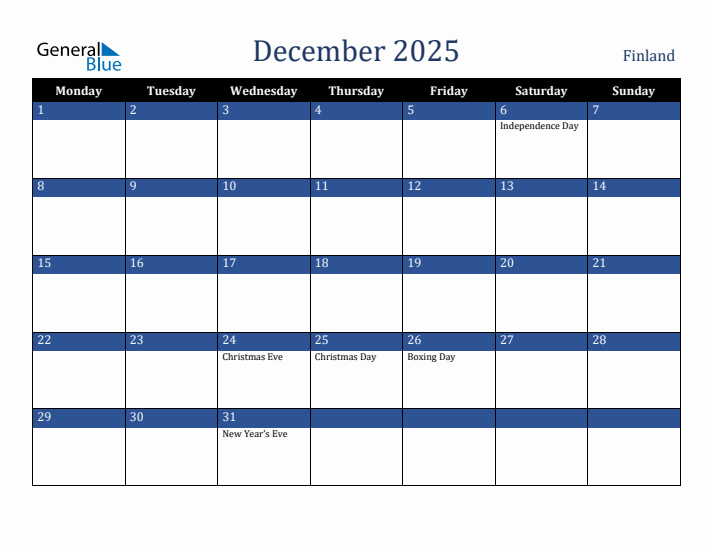 December 2025 Finland Calendar (Monday Start)