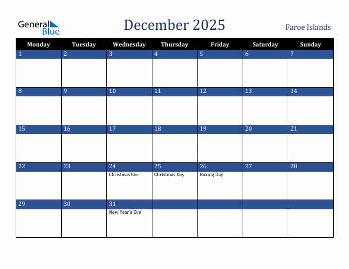 December 2025 Faroe Islands Calendar (Monday Start)